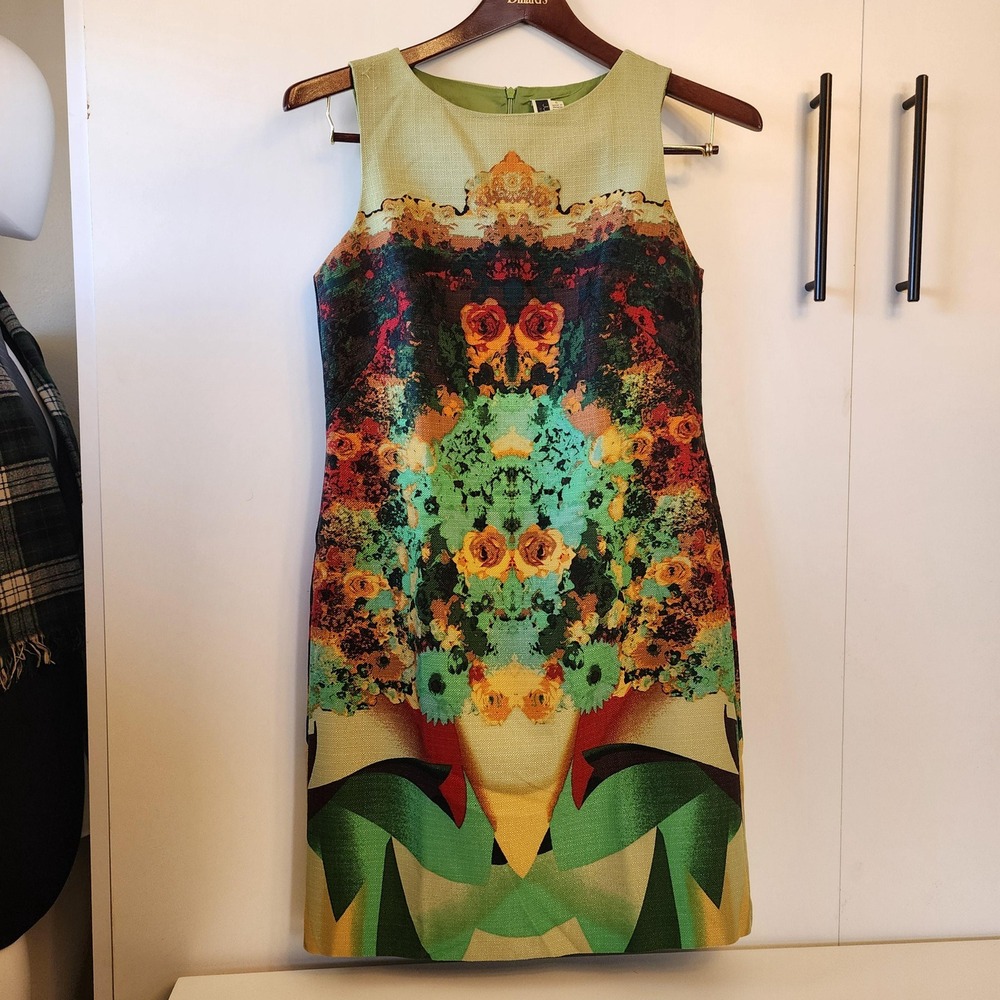 Julian Taylor Green Pink Abstract Floral Sleeveless Midi Pencil Dress Womens 6
